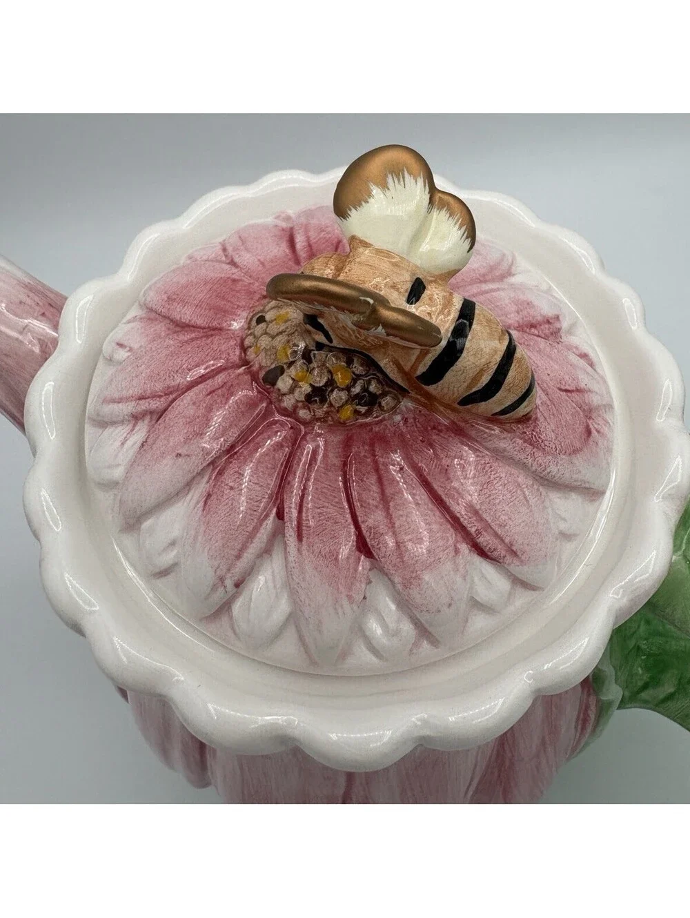 Vintage The Bombay Company Pink Gerber Daisy Teapot with Bumble Bee Lid